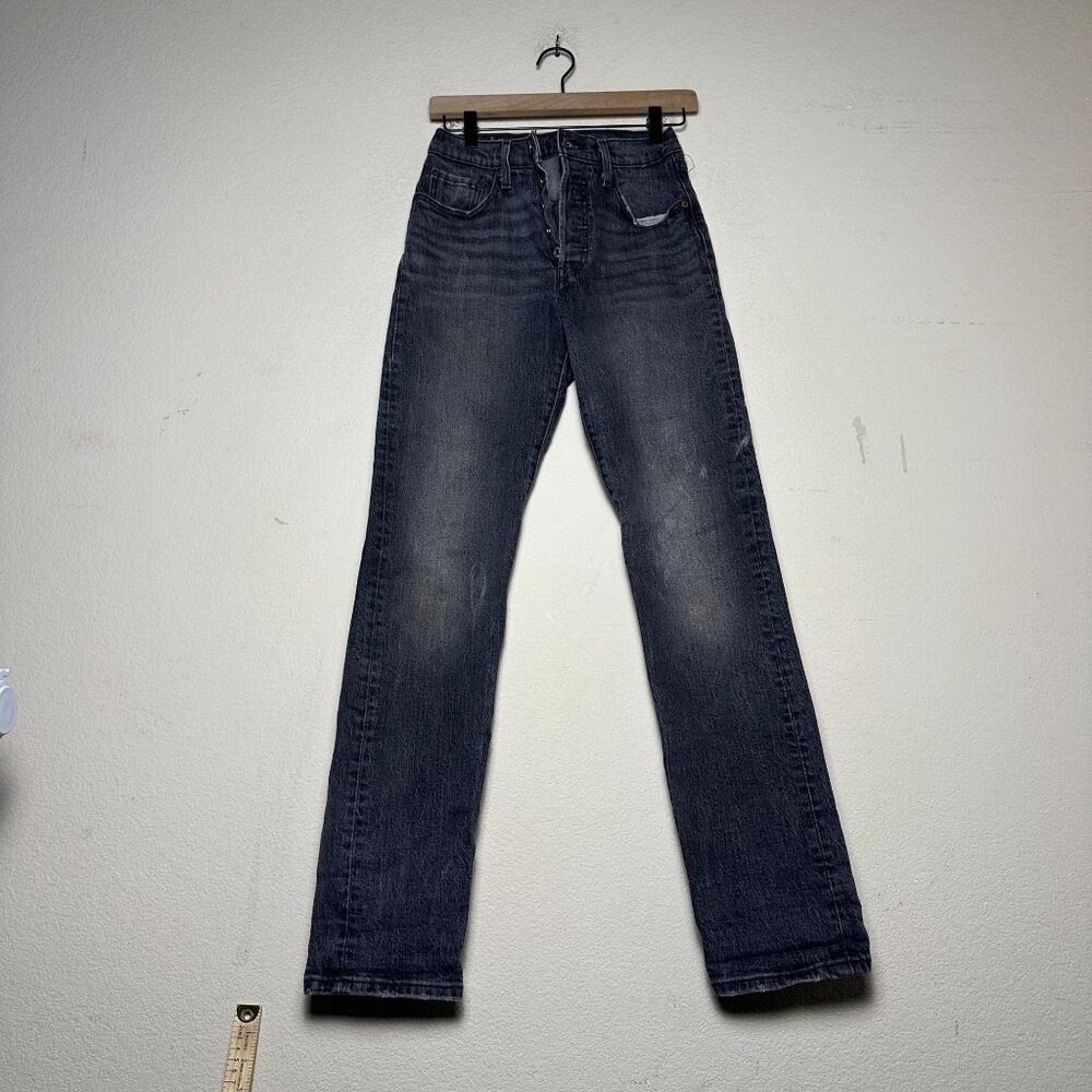 Levi 501 Button Fly Denim Jean Pant Women 26 Black Faded Distressed Slim Bootcut